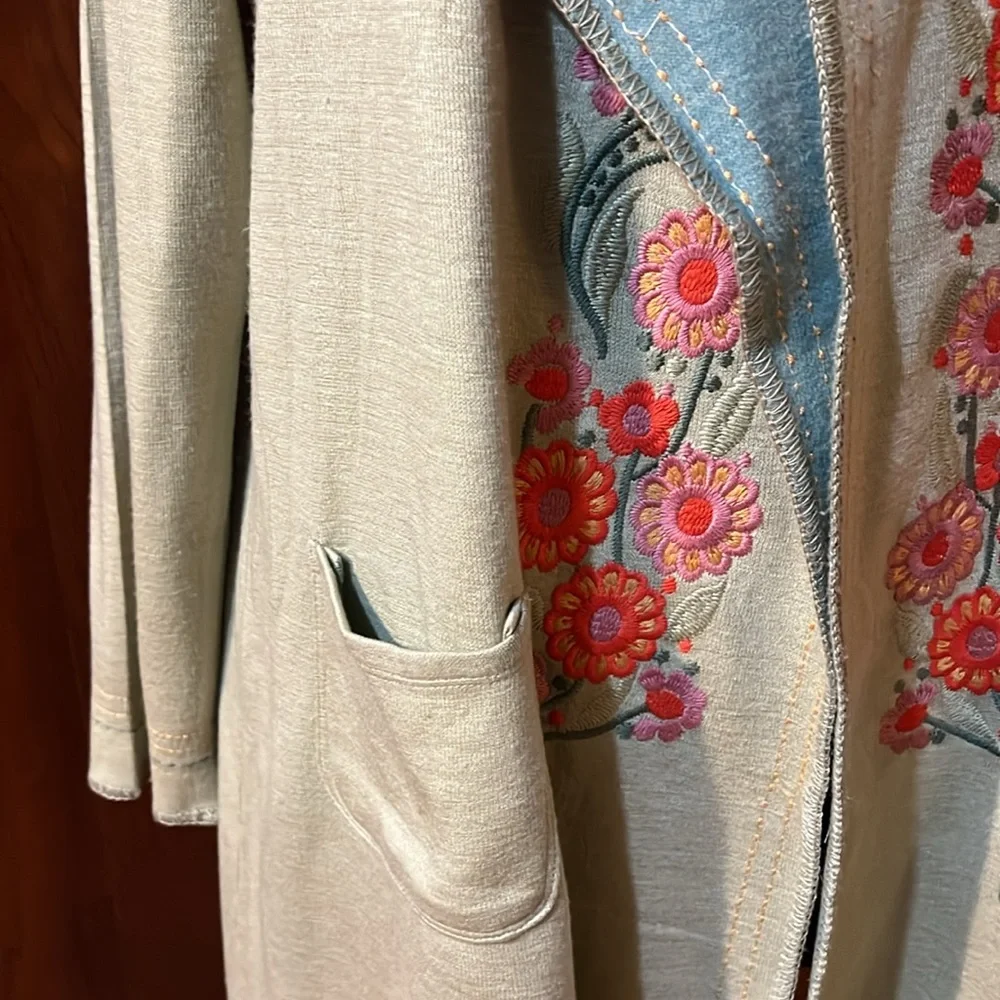 paparazzi Sage Green Hooded Embroidered Cardigan with Pink Floral Accents - Picture 7 of 11